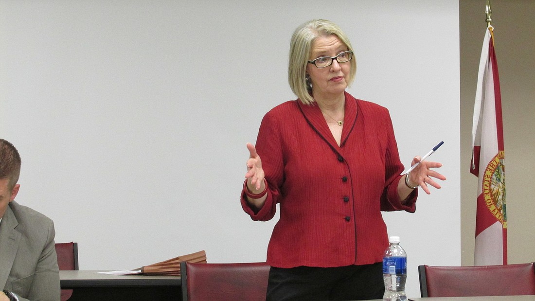 Juvenile Justice Secretary Wansley Walters speaks to law enforcement officers, juvenile justice officials and community members in Flagler County on Tuesday. Photo by Megan Hoye