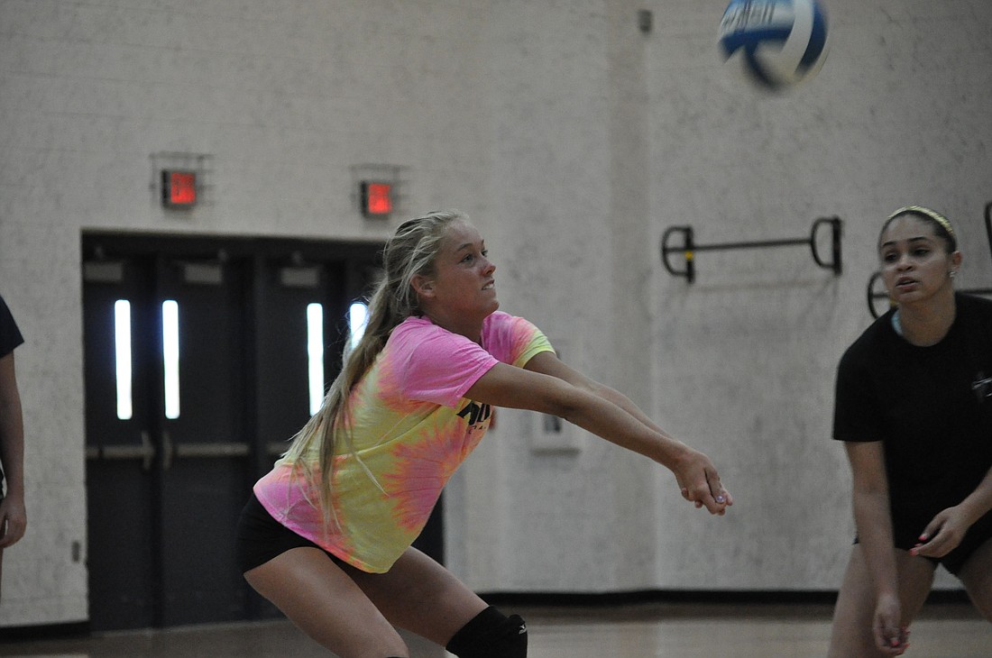 Jillian Bontempo bumps the ball during practice on Monday. PHOTOS BY ANDREW O'BRIEN