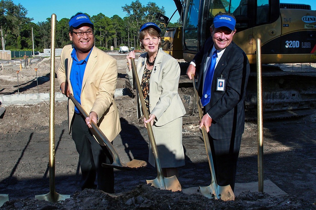 Celebratory shovel-wielders included Student Government Association Vice President Peter Campomanes, President Carol W. Eaton and Flagler/Palm Coast Campus Dean Kent Ryan. (Courtesy photo)