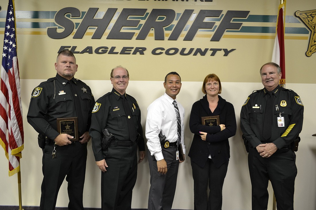 Detention Deputy Randy Vickers, Sheriff James L. Manfre, Detective Mark Moy, Communications Supervisor Genice Caccavale and Undersheriff Rick Staly COURTESY PHOTOS