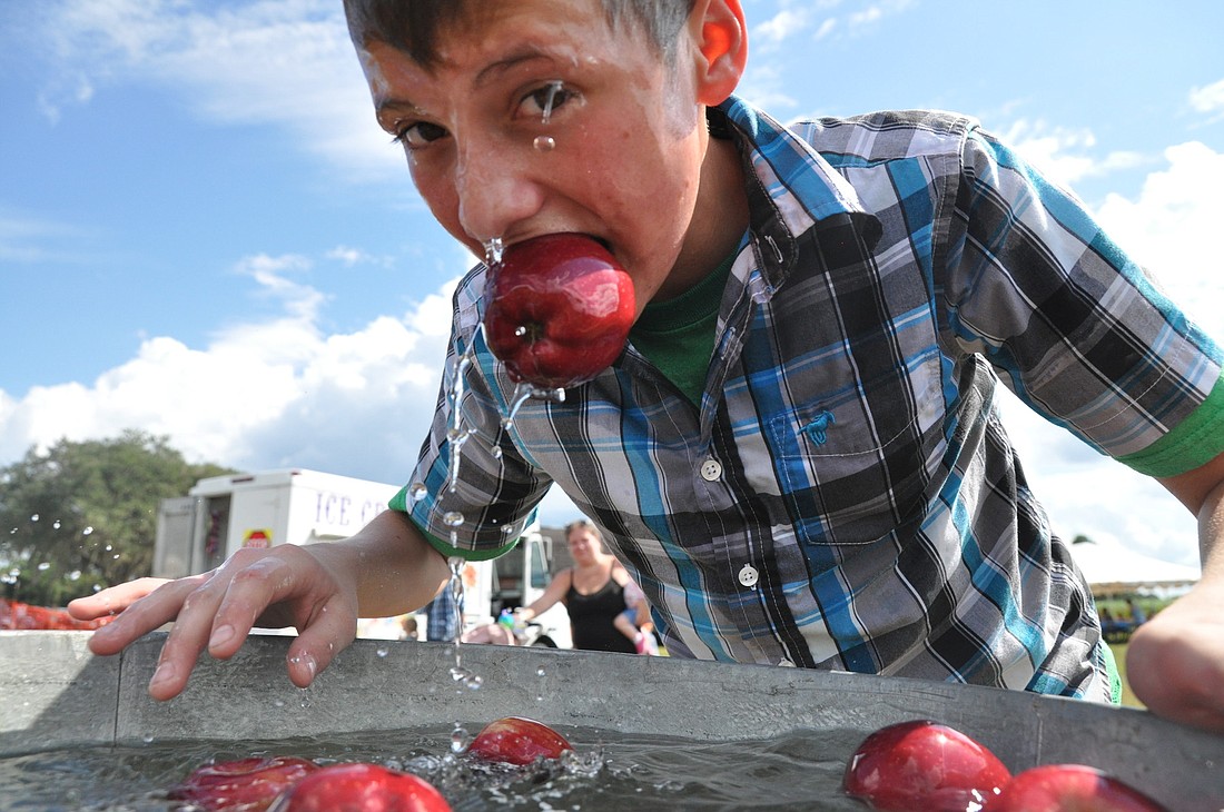 Cole Dennis, 13, of Bunnell, bobs for apples at Cowart Farms Saturday. PHOTOS BY SHANNA FORTEIR