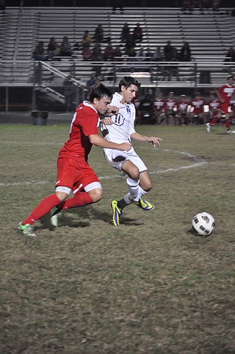 Matanzas midfielder Dakotah Casale battles for the ball Monday night against Seabreeze in a district match. (Photo by Andrew O'Brien)