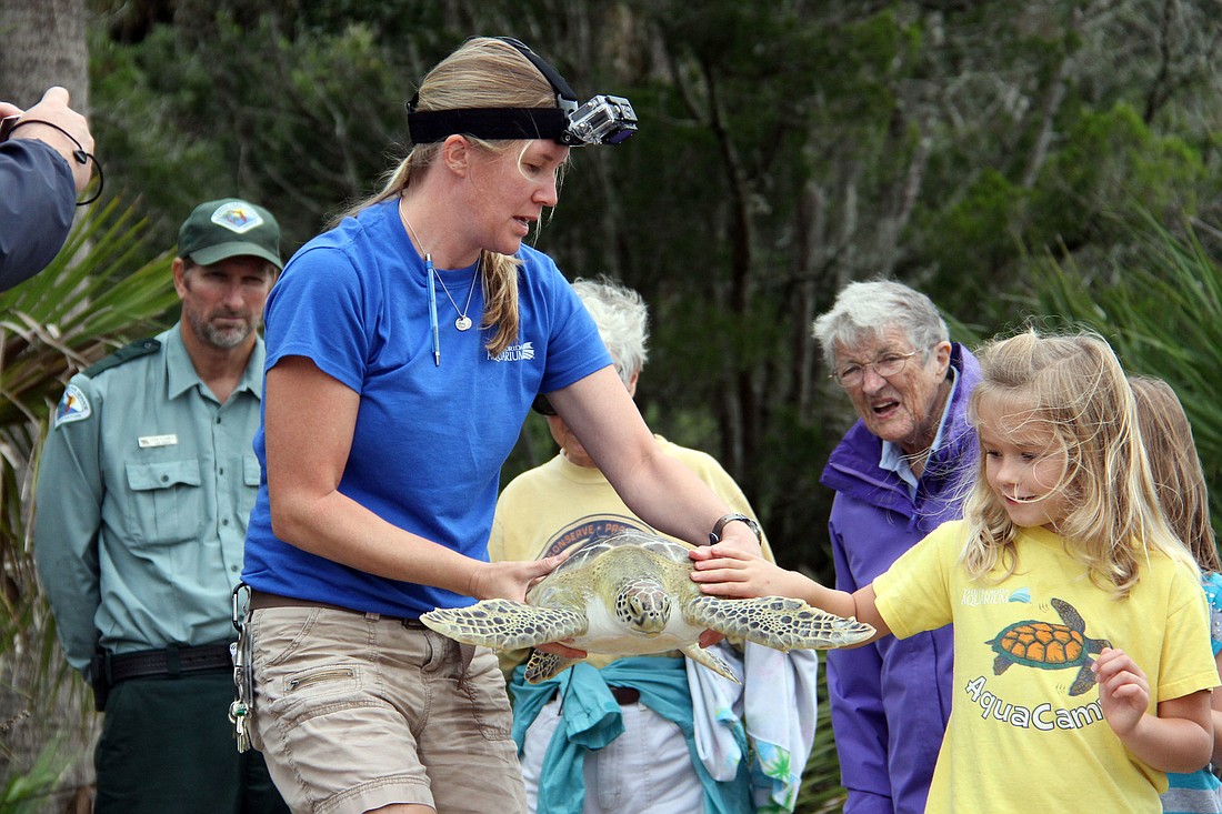 Florida Aquarium veterinarian technician and sea turtle expert Susan Coy was joined by her daughter Shelby, 6, for Tater's release into the Intracoastal. PHOTOS BY SHANNA FORTIER