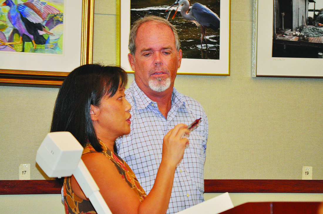 Planning, Zoning and Building Director Monica Simpson and town planner Ric Hartman explain the revised sign code to the Town Commission Tuesday.