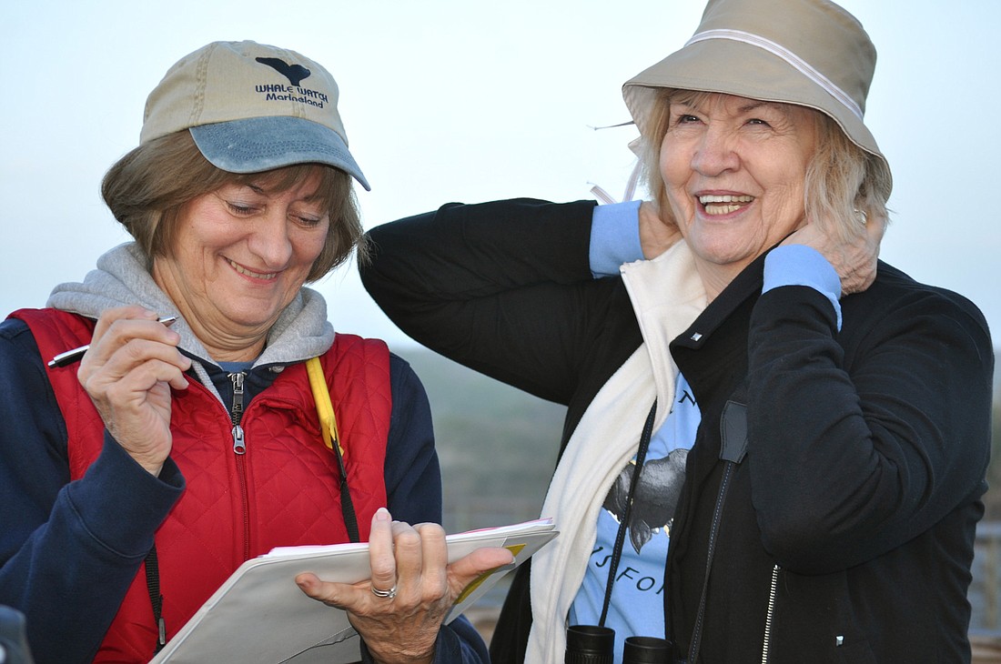 Whale watchers Becky Schubert and Carole Shaw record their observations during a watch, Jan. 5. (Photo by Jonathan Simmons)