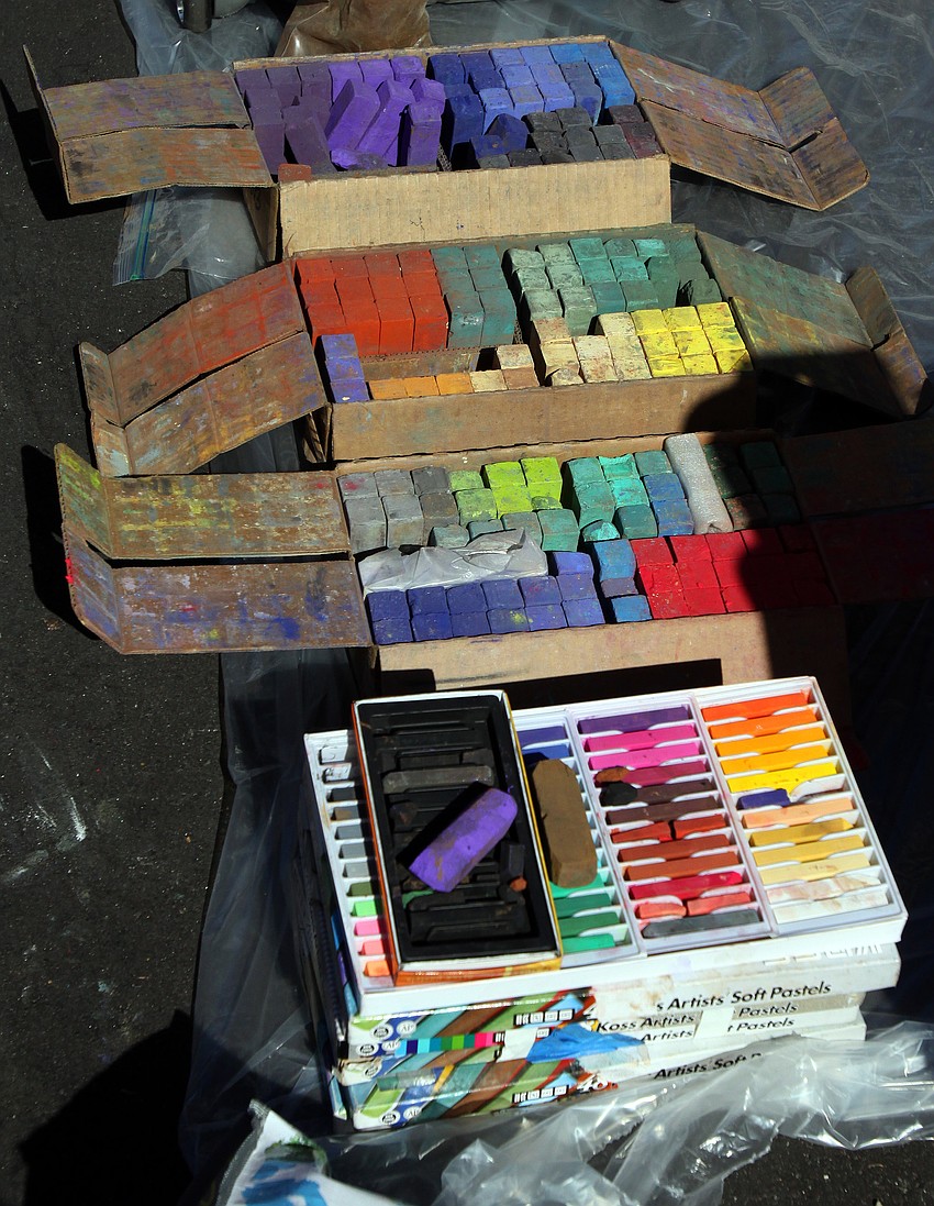 A large collection of chalk for a group of artists to use on their piece.