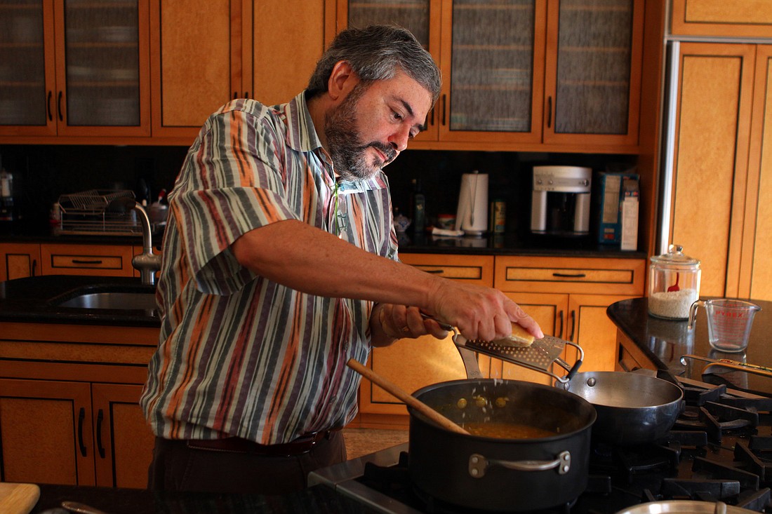 Giuliano Hazan preparing a butternut squash risotto.