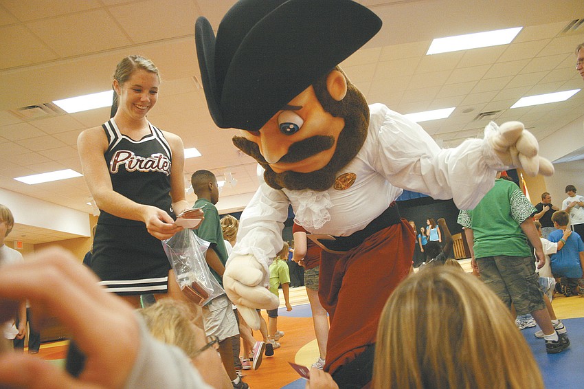 Jillian Koenig and the Pirates mascot handed out goodies to the kids as they arrived.