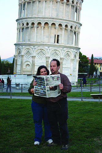 Grand-prize winners: Lisa and Tim McElhiney earned 2,814 votes for this photo with The East County Observer at the Leaning Tower of Pisa.