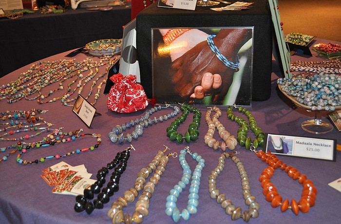 Handcrafted necklaces made from recycled paper.