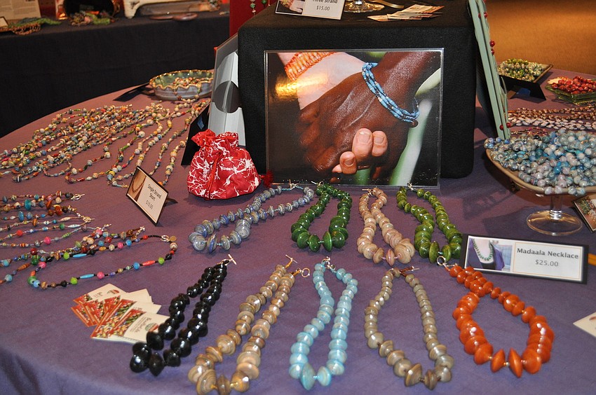 Handcrafted necklaces made from recycled paper.