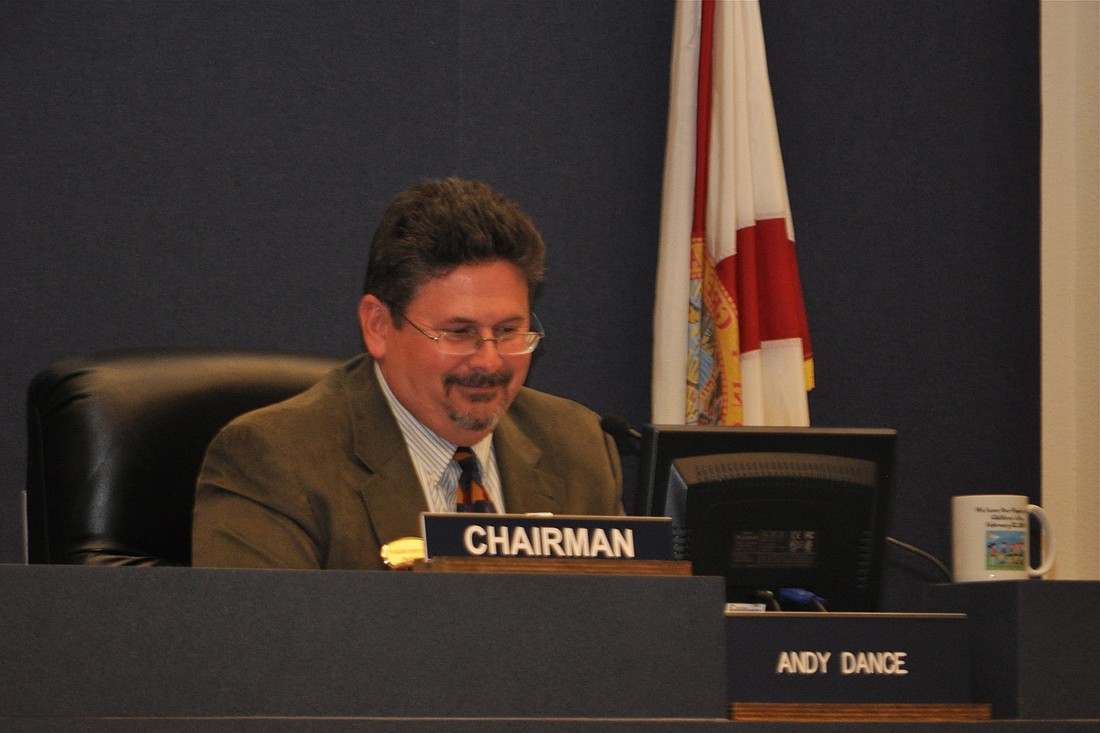 Flagler County School District Chairman Andy Dance at a meeting Feb. 18 (Photo by Jonathan Simmons.)