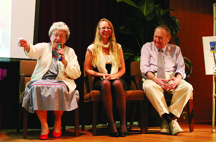 Peggy Wallace and her husband, Dan, right, recall the time when Zina Versfeld, center, brought a canvas for them to create a piece of artwork together at KAETA's show-and-tell event in November at Plymouth Harbour.