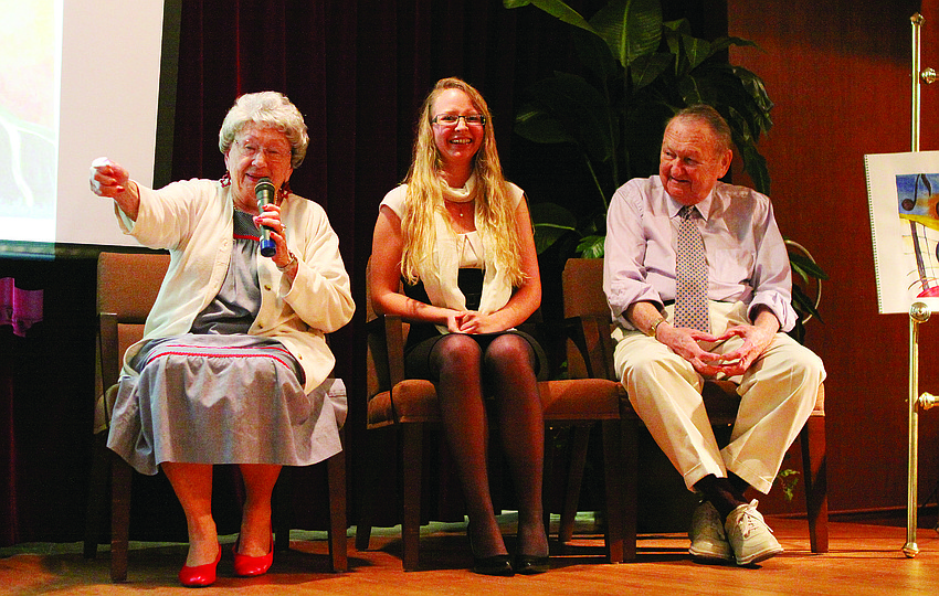 Peggy Wallace and her husband, Dan, right, recall the time when Zina Versfeld, center, brought a canvas for them to create a piece of artwork together at KAETA's show-and-tell event in November at Plymouth Harbour.
