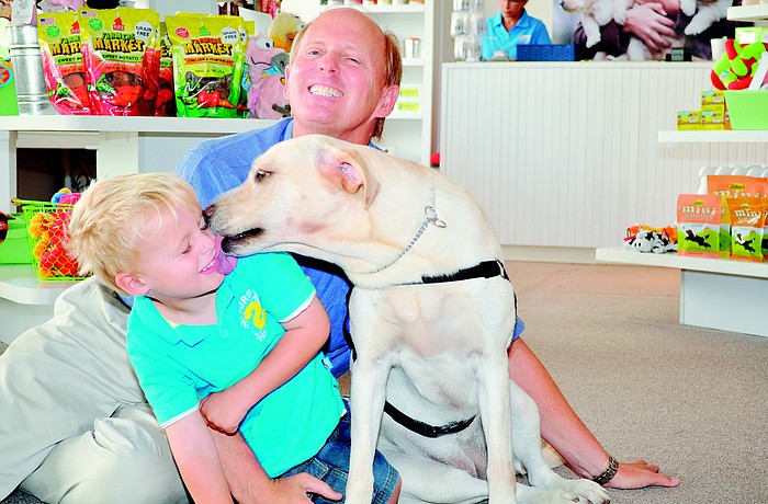 Max Pettingell gets a slobbery kiss from Daphne, a Southeastern Guide Dog in training, while visiting the organization's new downtown Sarasota Discovery Center in September with his father, Roger, a Southeastern Guide Dog Board member.