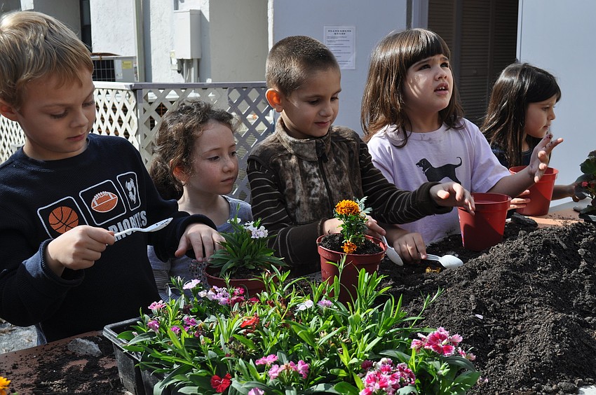 Noah Chyorny, Felicia Wetsman, Robert Witherspoon, Julia Steinbach and Riley Silva plant flowers in honor of Tu B'Shevat.