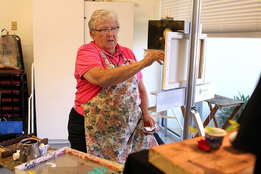 Shirley Watson concentrates on beginning her still life oil painting on Monday, Feb. 21 at Longboat Key Center for the Arts. This is Watson's fifth workshop with David Leffel and she 