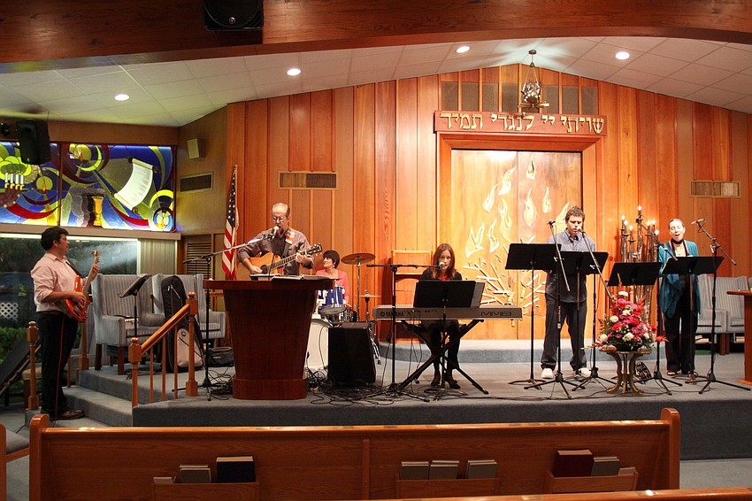The band warms up prior to Shabbat services on Friday, Feb. 11 at Temple Emanu-El.