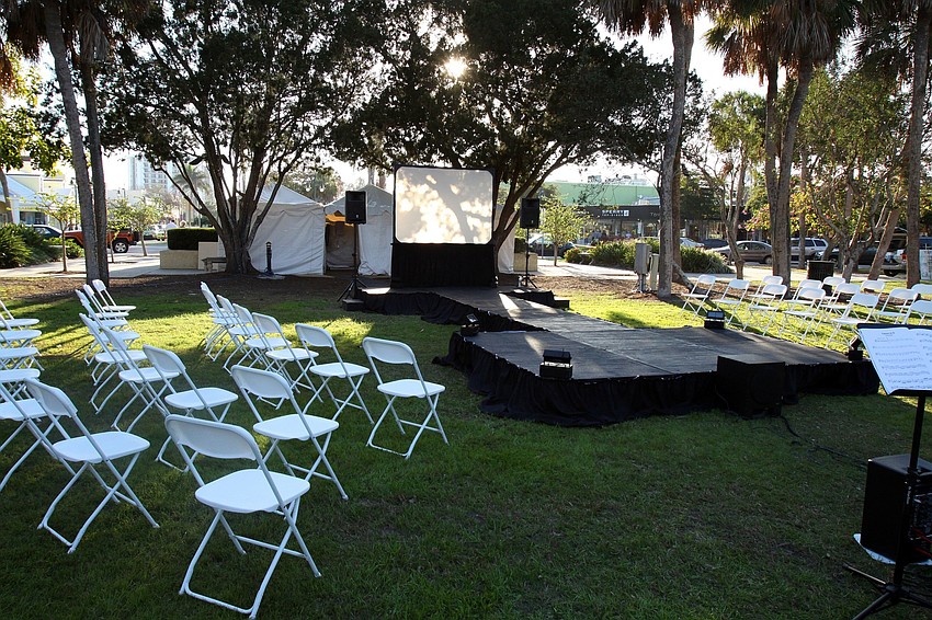 The stage and seating for the wedding fashion show.
