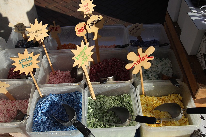 A colorful assortment of soy flakes were on display at Sarasota Candle Company's stand on Saturday, Jan. 22.
