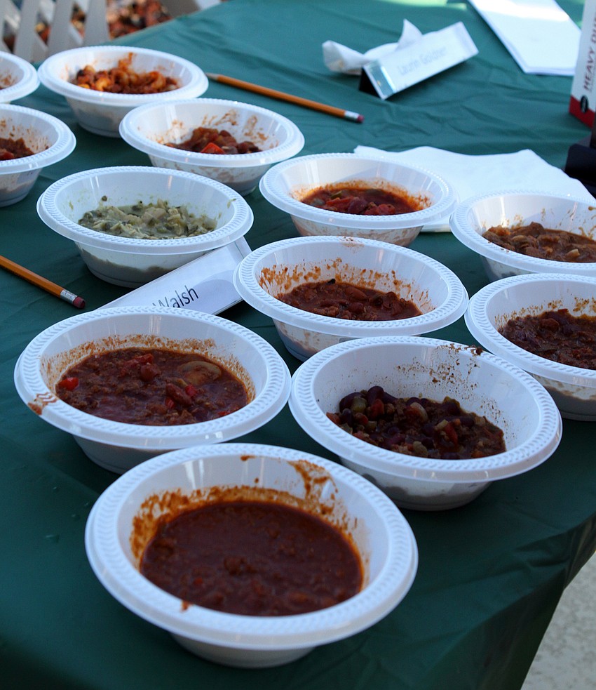 Some of the bowls of chili that were given to the judges to try on Friday, Jan. 28 during Longboat Key Public Tennis Center's Chili Cook-off competition.