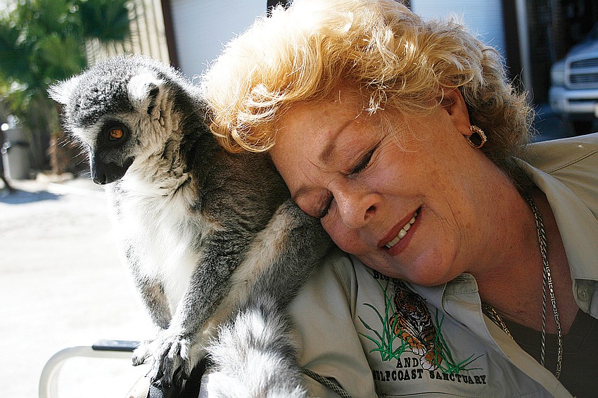 Habitat owner Kay Rosaire loves to snuggle with all her animals, including Gremlin, a lemur.