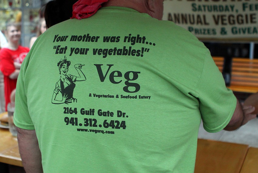 Richie Unger wore his shirt from Veg during Veg's First Annual Veggie Burger Eating Contest on Saturday, Feb. 5 outside of Veg.