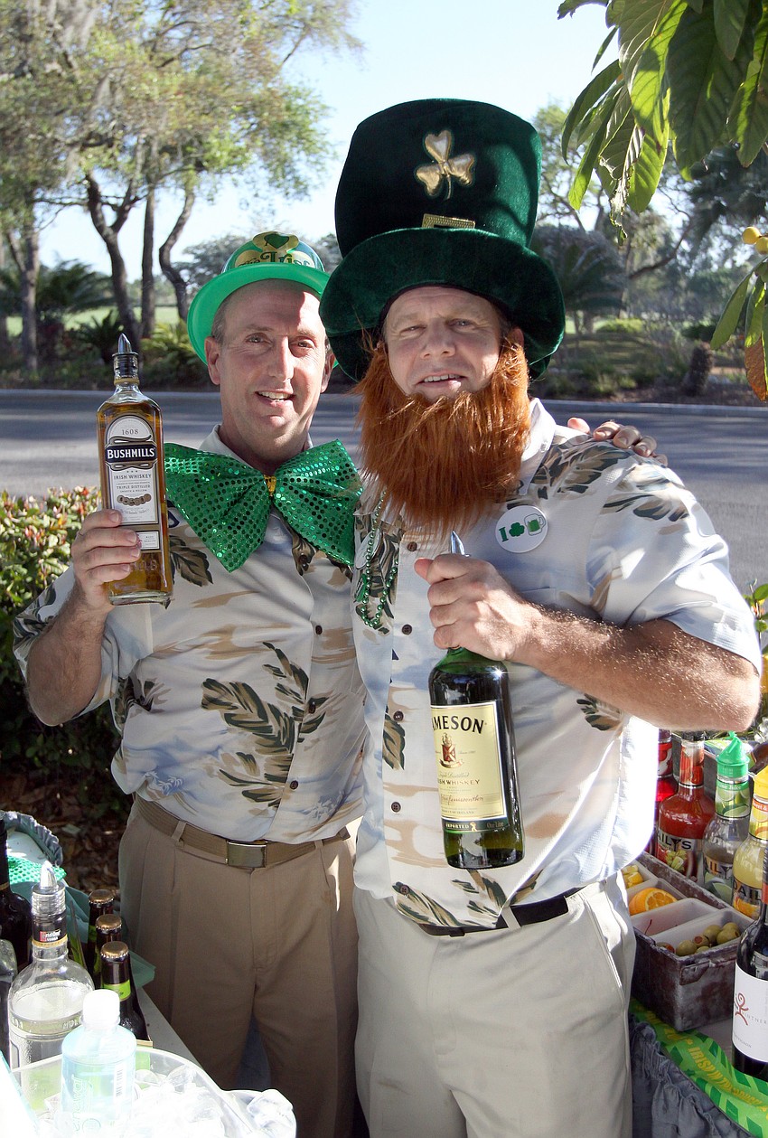 Mark Daunt and Jim Finklestein ham it up on Thursday, March 17 at Longboat Key Club's outdoor Harbourside dining patio.