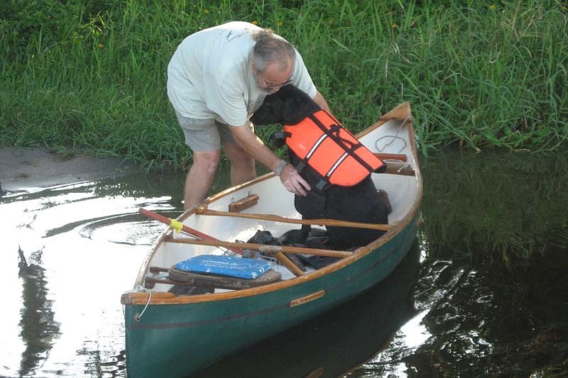 Capt. Rick Correa puts a flotation device on Lady Lydia, the Wonder Dog.