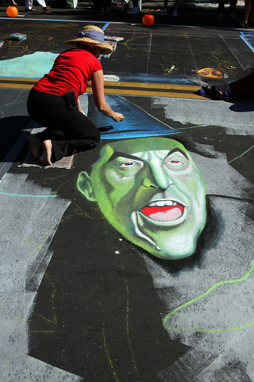 Jennifer Nichols Chaparroâ€™s chalk portrait of the Wicked Witch of the West from â€œThe Wizard of Ozâ€.