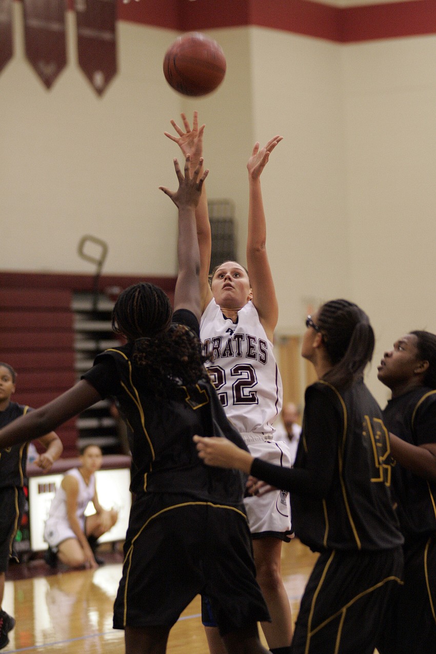 Kaleigh Jaco, who plays center for the Lady Pirates, attempts a shot in the second half.