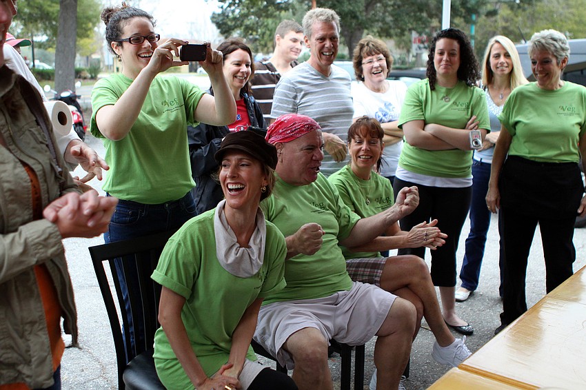 The crowd enjoys watching the contestants during Veg's First Annual Veggie Burger Eating Contest on Saturday, Feb. 5 outside of Veg.