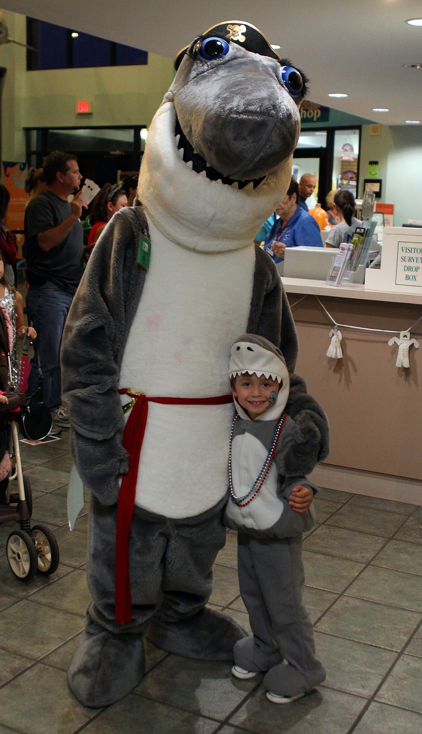 Gilly the Shark poses with his look-a-like, Preston Milligan.