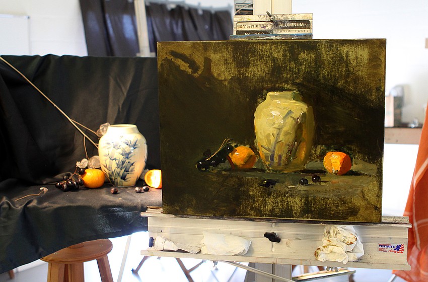 The still life and the oil painting Leffel painted of the still life.