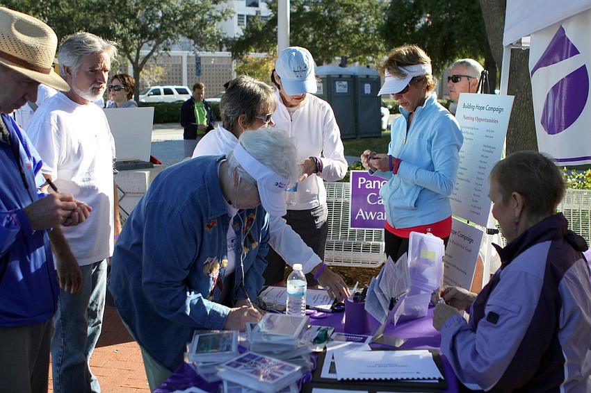 People sign up and create their personalized buttons for the Sarasota Walk for pancreatic cancer.