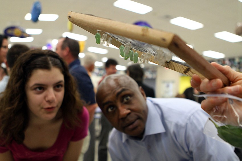 Teaspasic and Gary Fields look at butterfly cocoons during Science Night on Friday, Feb. 25 at Southside Elementary.