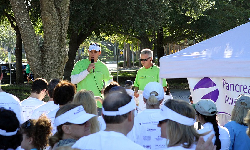 Kelly Kirshner, mayor of Sarasota, talks to the crowd at J.D. Hamel Park prior to the walk on Saturday morning.