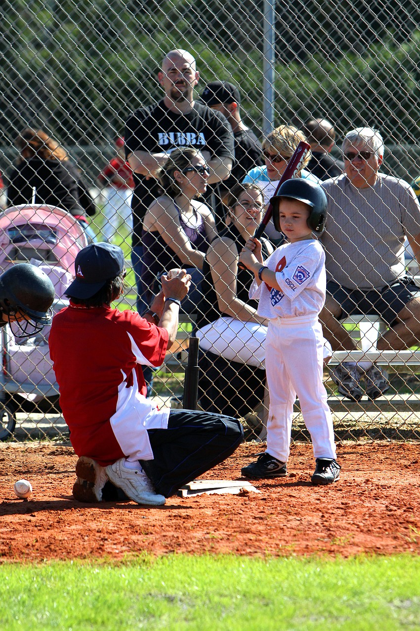 Zachary Howell, 6, watches as the ball is put on the tee during his game on Saturday, Feb. 19 at Twin Lakes Park during Central Sarasota Little League Opening Day.
