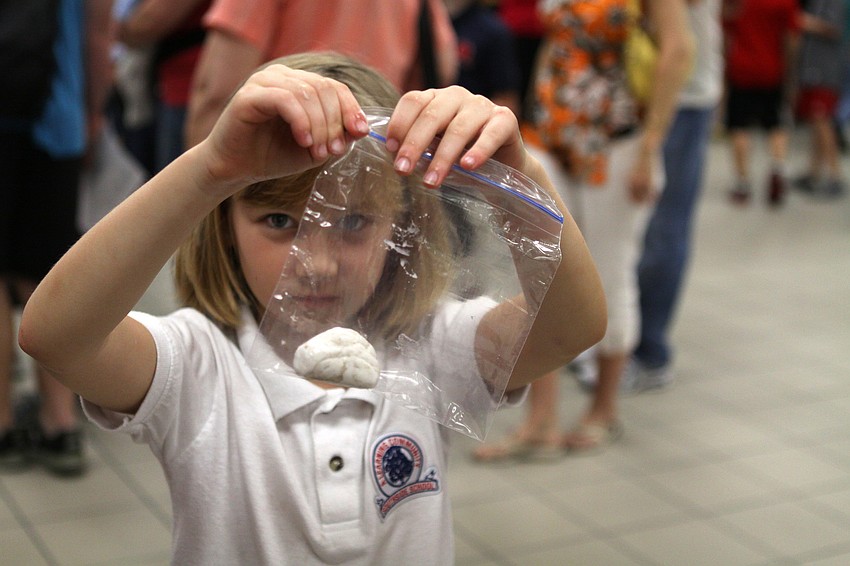 Katie Dumas, 6, shows of the silly putty she made at GWiz's table on Friday, Feb. 25  at Southside Elementary's Science Night.