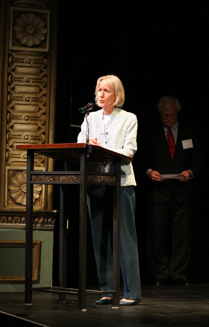 Linda Mansperger speaks on behalf of the Gulf Coast Heritage Association which won the John Ringling Towers Fund Historic Preservation Award.