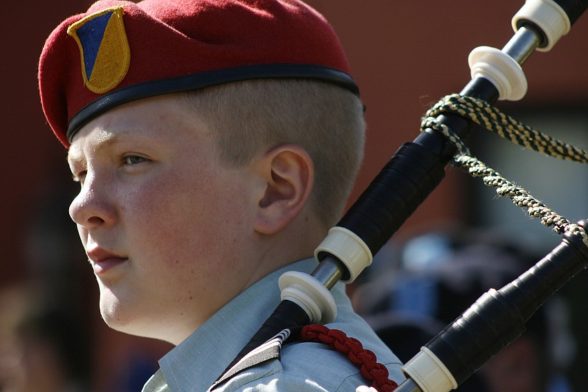 Sarasota Military Academyâ€™s Graham Reinhart performed on the bagpipes during the flag presentation.