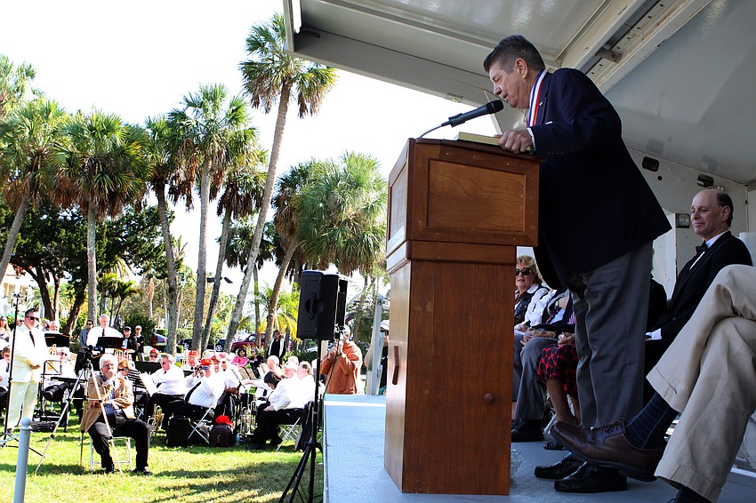Charles Schlarbaum makes a small speech after being inducted into the Circus Ring of Fame on St. Armands Circle on Sunday afternoon.