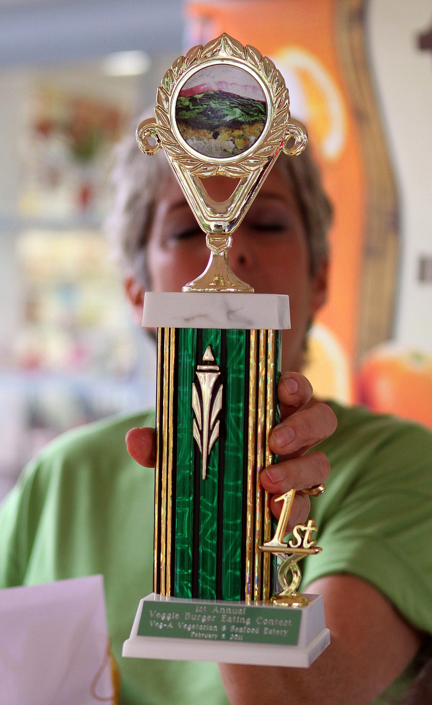 The trophy for the winner of Veg's First Annual Veggie Burger Eating Contest on Saturday, Feb. 5 outside of Veg. The winner was Dr. Patrick Dower.