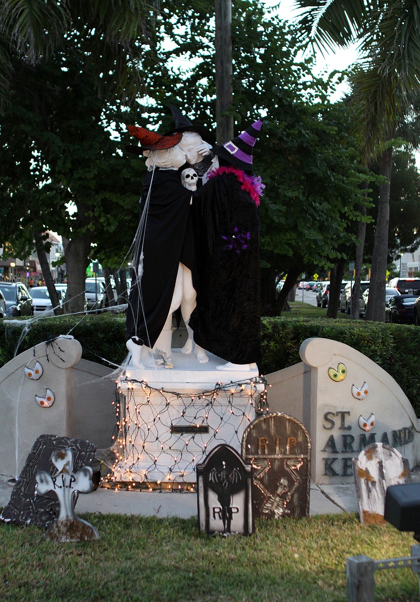 One of the many statues on St. Armandâ€™s dressed up for Halloween.