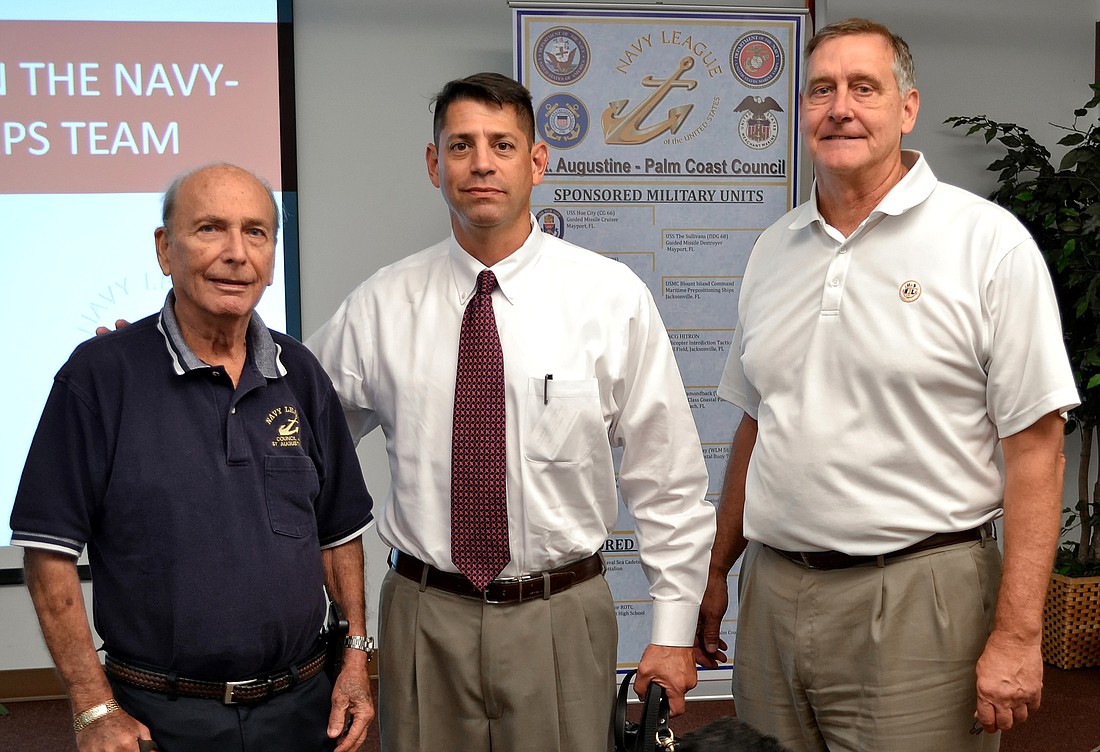 Richard "Dick" Roth, Capt. Jack Capra, United States Navy League National Executive Director Bruce Butler, at a recent St. Augustine-Palm Coast Navy League meeting. Courtesy photo