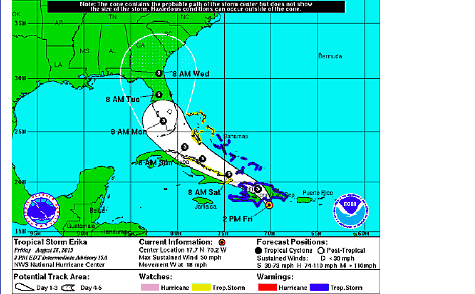 Tropical Storm Erika is expected to cross the peninsula from south to north. (Image from the National Hurricane Center.)