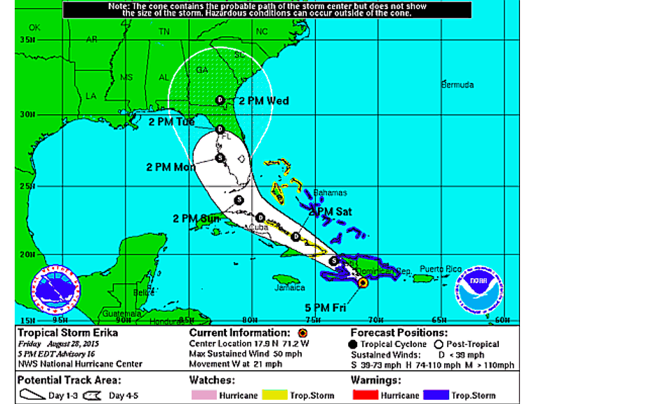 The storm's projected track as of 5 p.m. Aug. 28 takes it along Florida's west coast. (Image from the National Hurricane Center website at http://www.nhc.noaa.gov.)