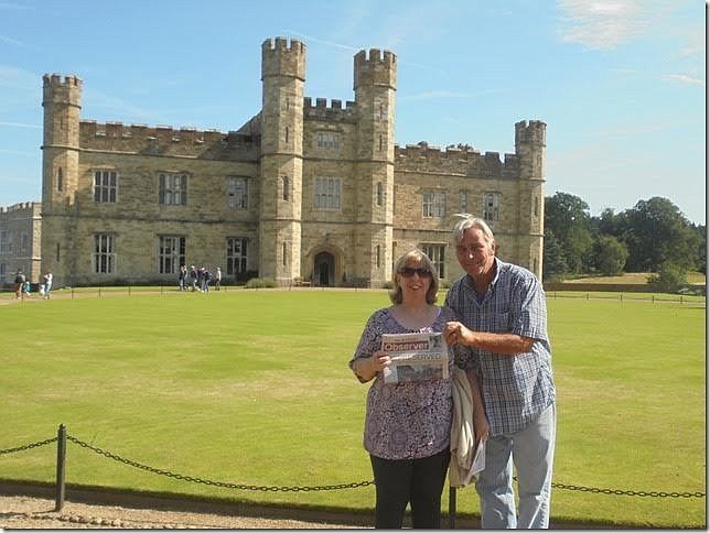 Lynda and Richard Anderson at Leeds Castle in England with their Palm Coast Observer. Courtesy Photo