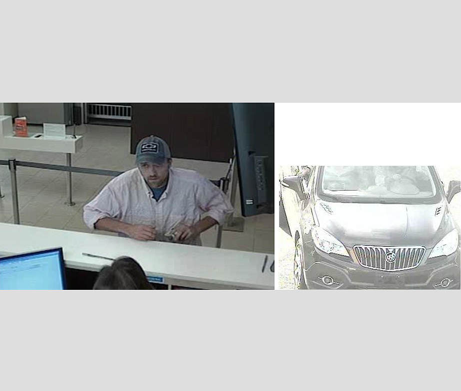 The suspect shown in surveillance footage of the  Wells Fargo bank robbery was about 6 feet tall. He got away in a Buick Encore stolen in Massachusetts with the dealer tag 265S. (Photos courtesy of the Flagler County Sheriff's Office.)