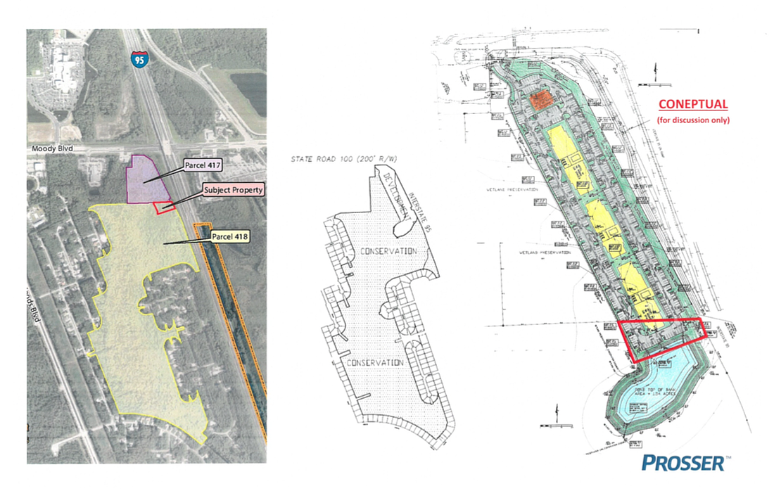 The location of the 1.1-acre parcel is outlined in red. The three yellow boxes in the diagram at right represent hotel buildings, and the orange one is a proposed restaurant building. (Image from Oct. 21 planning board meeting backup documentation.)